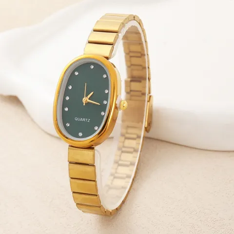 Vintage Forest Style Oval Dial Women Quartz Watch Mother Of Pearl Rhinestone Markers Gold Alloy Bracelet Ladies Fashion Luxury Watch