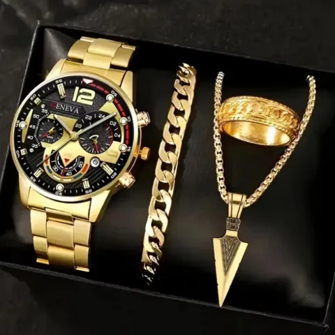 Montre à Quartz d'Affaires pour Hommes en Alliage Montre Analogique Avec Bracelet Bague Collier Ensemble de Bijoux