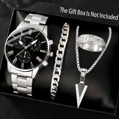 Heren Kwarts Horloge Vierdelige Set Met Kruis Ketting Armband Ring Zakelijk Mode Casual Legering Kunstleder Horloge