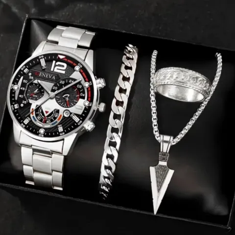 Montre à Quartz d'Affaires pour Hommes en Alliage Montre Analogique Avec Bracelet Bague Collier Ensemble de Bijoux