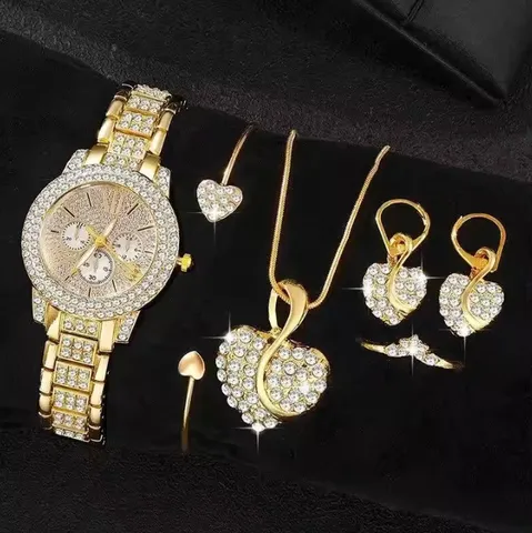 Luxus Edelstahl Damen Uhren- und Schmuckset Strass Quarz Armbanduhr Kette Ohrringe Ring Armband Geschenk