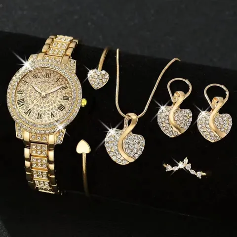 Luxus Edelstahl Damen Uhren- und Schmuckset Strass Quarz Armbanduhr Kette Ohrringe Ring Armband Geschenk