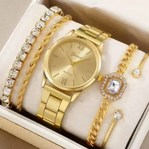 Women Luxury Quartz Watch Set Stainless Steel Watch Necklace Bracelet Ring Earrings Rhinestone Fashion Jewelry Gift Set