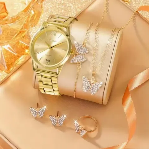 Women Luxury Quartz Watch Set Stainless Steel Watch Necklace Bracelet Ring Earrings Rhinestone Fashion Jewelry Gift Set