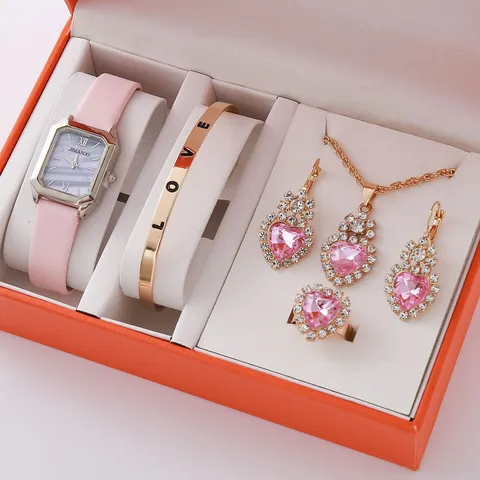Mode Damen Quarzur Uhr Und Legierung Strass Herz Schmuck Set Geschenkbox Uhr Armband Halskette Ohrringe Ring