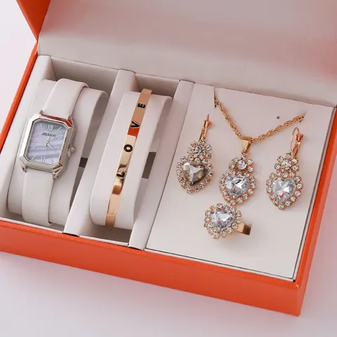 Mode Damen Quarzur Uhr Und Legierung Strass Herz Schmuck Set Geschenkbox Uhr Armband Halskette Ohrringe Ring