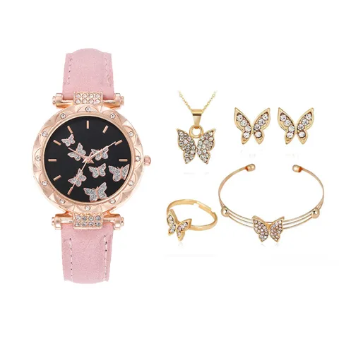 Damen Quarzuhr Lederarmband Strass Schmetterling Zifferblatt Lässige Armbanduhr Modisches Armband Schmuck Set Geschenk