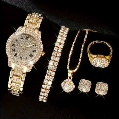 Orologio al Quarzo con Strass di Lusso Catena in Lega Pendente a Cuore Collana Anello Orecchini Casual Donna Gioielli Regalo San Valentino