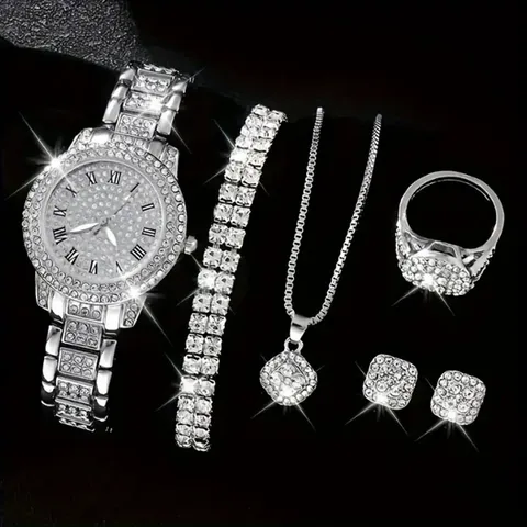 Women Stainless Steel Quartz Watch Rhinestone Roman Numeral Dial Luxury Wristwatch Fashion Jewelry
