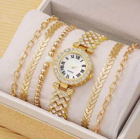 Damen Luxus Legierung Strass Quarz Uhr Set Armband Halskette Ring Ohrringe Mode Lässige Armbanduhr Geschenk