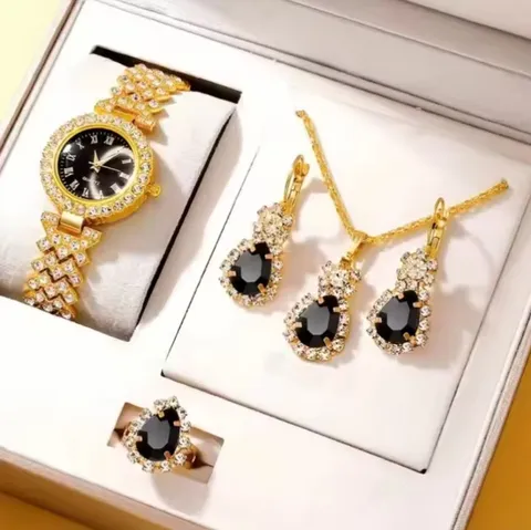 Elegante Set Orologio Gioielli da Donna in Lega Strass Lussuoso Orologio da Polso al Quarzo Quadrante Rettangolare Bracciale Cristallo Collana Orecchini Anello Set
