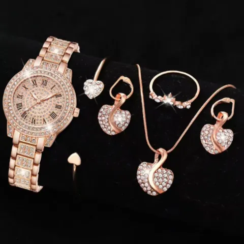 Moda Casual Donna Orologio al Quarzo Set Gioielli Lussuoso Lega Strass Numeri Romani Puntatore Orologio da Polso Quadrante Stellato Cinturino Finta Pelle Cuore Ciondolo Collana Orecchini Anelli Bracciale Set