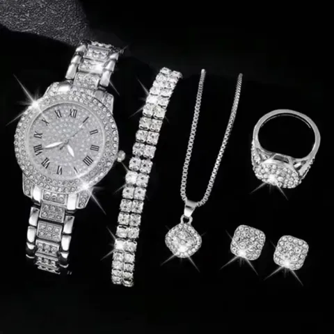 Moda Casual Donna Orologio al Quarzo Set Gioielli Lussuoso Lega Strass Numeri Romani Puntatore Orologio da Polso Quadrante Stellato Cinturino Finta Pelle Cuore Ciondolo Collana Orecchini Anelli Bracciale Set