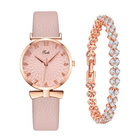 Orologio da Donna Quarzo Moda Cassa in Lega Cinturino in Similpelle Fiocco Quadrante Radiale Orologio da Polso Con Bracciale Accessorio