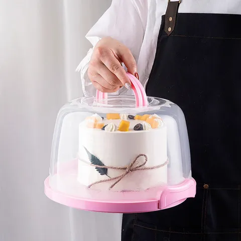 Caja de Pastel de Plástico Engrosada Caja de Empaque de Pastel de Cumpleaños Portátil Cubierta Transparente a Prueba de Polvo Con Base Rosa