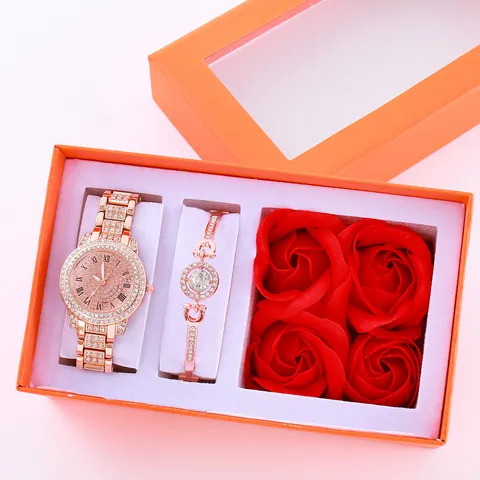Set Orologio al Quarzo e Bracciale di Lusso con Strass da Donna Numeri Romani Cinturino in Lega Hip Hop Set Regalo