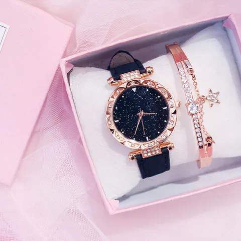 Orologio al Quarzo da Donna Moda Cielo Stellato Con Cinturino in Ecopelle Strass Casual Stile Ins Set Regalo Orologio Braccialetto