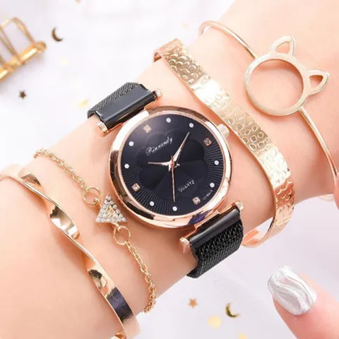 Damen Quarz Uhr Und Armband Set Minimalistisches Magnetisches Mesh Armband Armbanduhr Mode Lässig Legierung Schmuck Geschenk