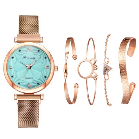 Damen Quarz Uhr Und Armband Set Minimalistisches Magnetisches Mesh Armband Armbanduhr Mode Lässig Legierung Schmuck Geschenk