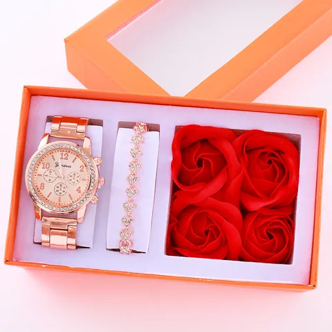 Set Regalo Orologio al Quarzo con Strass e Bracciale da Donna Orologio Analogico in Lega con Rose di Sapone Set di Gioielli