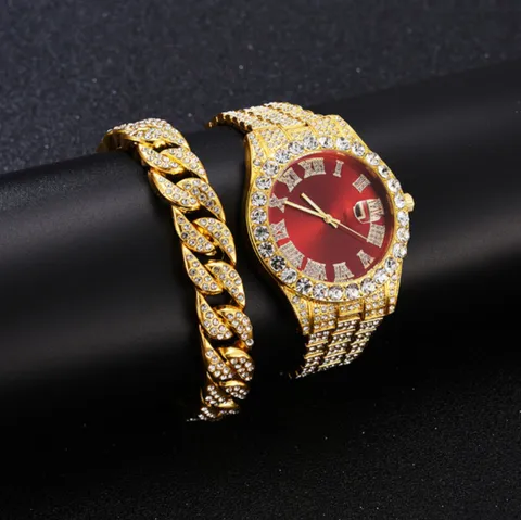 Hiphop Luxuriös Strass Quarz Uhr Kubanische Kette Kreuz Halskette Ring Set Herren Damen Mode Schmuck