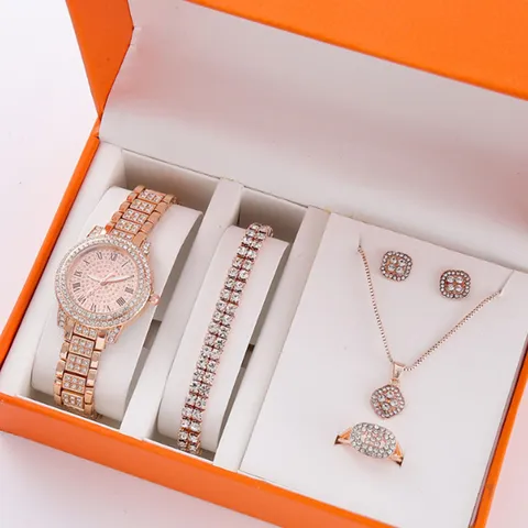 Orologio al Quarzo con Strass di Lusso Catena in Lega Pendente a Cuore Collana Anello Orecchini Casual Donna Gioielli Regalo San Valentino