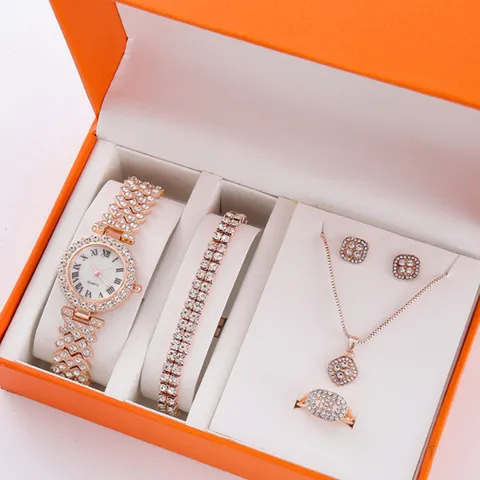 Lussuoso Orologio al Quarzo da Donna con Numeri Romani e Strass Con Bracciale Collana Orecchini Anello Ensemble di Gioielli