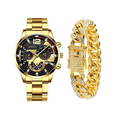 Orologio al Quarzo Business da Uomo Set Bracciale Catena Cubana Lancette Luminose Calendario Orologio da Polso Rotondo Strass Lega Gioielli Lusso