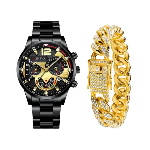 Orologio al Quarzo Business da Uomo Set Bracciale Catena Cubana Lancette Luminose Calendario Orologio da Polso Rotondo Strass Lega Gioielli Lusso