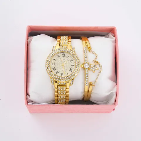 Women Fashion Rhinestone Quartz Watch Set With Bracelet Luxury Roman Numerals Alloy Watch Gift Box For Women Party Jewelry