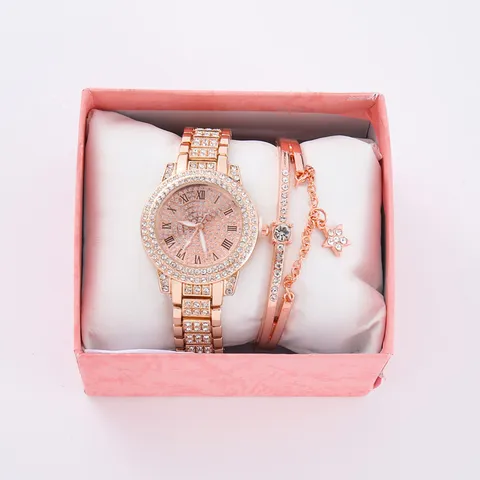 Women Fashion Rhinestone Quartz Watch Set With Bracelet Luxury Roman Numerals Alloy Watch Gift Box For Women Party Jewelry