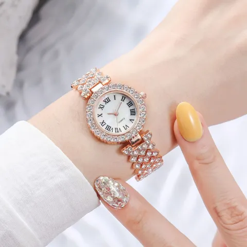 Moda Numeri Romani Strass Orologio al Quarzo Donna Lega Lusso Orologio da Polso Bracciale Collana Orecchini Anello Gioielli Regalo