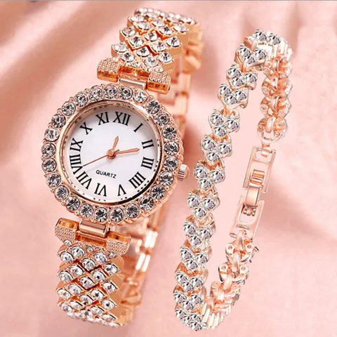 Moda Numeri Romani Strass Orologio al Quarzo Donna Lega Lusso Orologio da Polso Bracciale Collana Orecchini Anello Gioielli Regalo