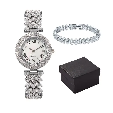Luxus Damen Strass Quarzuhr Armband Set Römische Ziffern Legierung Kunstlederband Uhr Und Armband Schmuckset
