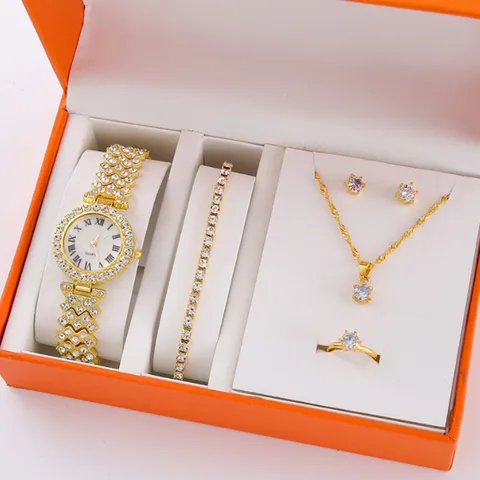 Lussuoso Set di Gioielli Orologio in Lega Strass per Donna Numeri Romani Puntatore Tondo Orologio da Polso al Quarzo Cuore Catena Collana Bracciale Anello Orecchini Set da Cinque Pezzi