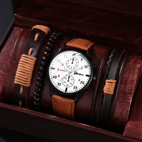Montre à Quartz Décontractée pour Hommes Bracelet en Similicuir Rond Analogique Bracelet Tressé Enveloppé Ensemble Cadeau Masculin
