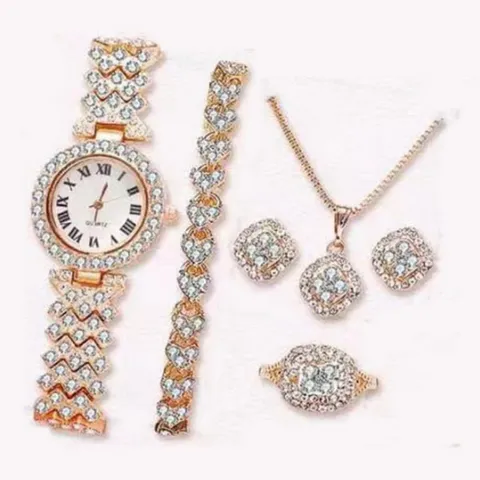 Orologio da Polso al Quarzo da Donna con Strass di Lusso Quadrante in Lega con Numeri Romani Bracciale Collana Orecchini Anello Regalo Gioielli di Moda