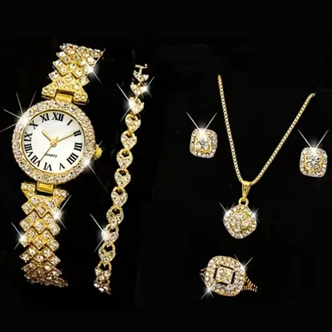 Orologio da Polso al Quarzo da Donna con Strass di Lusso Quadrante in Lega con Numeri Romani Bracciale Collana Orecchini Anello Regalo Gioielli di Moda