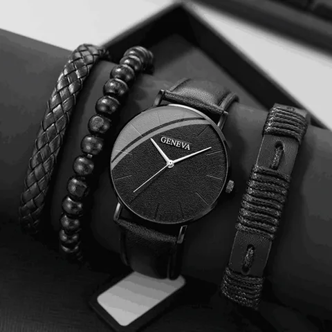 Set Orologio al Quarzo Casual Sportivo da Uomo Moda Tendenza Cassa in Lega Cinturino in Pelle Numeri Romani Quadrante Rotondo Set Bracciale da Uomo Gioielli Accessori Regalo