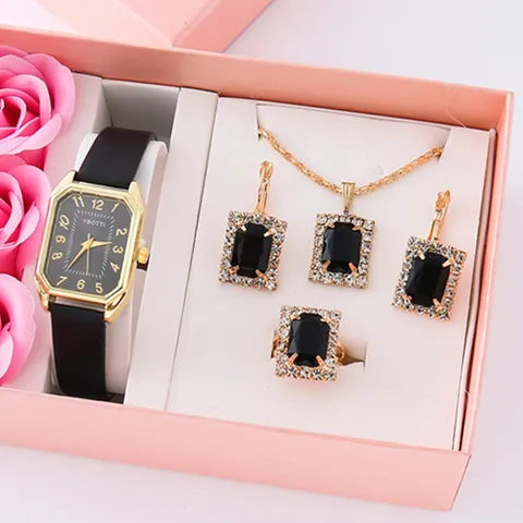 Elegante Set Orologio Quadrato Gioielli Donna Cinturino Ecopelle Strass Collana Orecchini Anello Set Lussuoso Gioielli Regalo