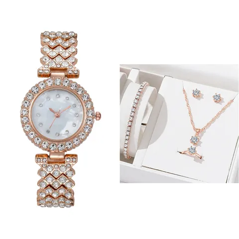 Ensemble Montre Bijoux Strass en Alliage de Mode pour Femmes Montre Bracelet à Quartz en Cristal Brillant Collier Pendentif Assorti Boucles d'Oreilles Clous Bracelet Bague Ouverte