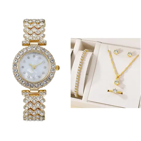 Ensemble Montre Bijoux Strass en Alliage de Mode pour Femmes Montre Bracelet à Quartz en Cristal Brillant Collier Pendentif Assorti Boucles d'Oreilles Clous Bracelet Bague Ouverte
