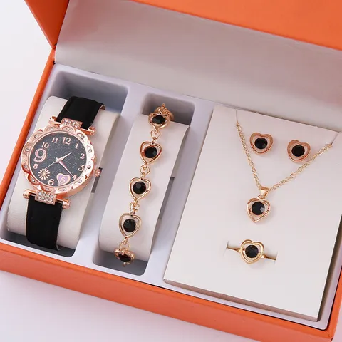 Set Gioielli Orologio Farfalla Donna Cuore Strass Collana Bracciale Anello Orecchini Cinturino Ecopelle Orologio Quarzo Casual