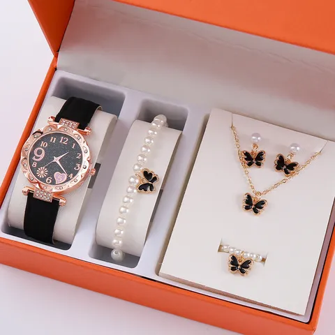 Set Gioielli Orologio Farfalla Donna Cuore Strass Collana Bracciale Anello Orecchini Cinturino Ecopelle Orologio Quarzo Casual