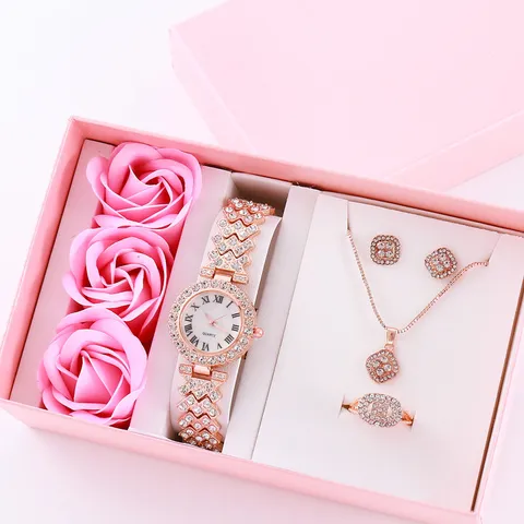 Lussuoso Set Orologio al Quarzo da Donna in Lega con Strass Elegante Quadrante Tondo Numeri Romani Bracciale Orecchini Anelli Set Regalo Gioielli da Donna