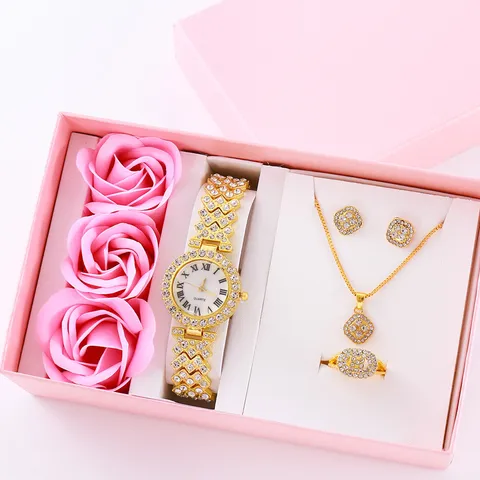 Lussuoso Set Orologio al Quarzo da Donna in Lega con Strass Elegante Quadrante Tondo Numeri Romani Bracciale Orecchini Anelli Set Regalo Gioielli da Donna