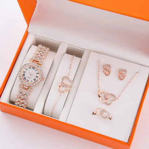 Lussuoso Set di Gioielli Orologio in Lega Strass per Donna Numeri Romani Puntatore Tondo Orologio da Polso al Quarzo Cuore Catena Collana Bracciale Anello Orecchini Set da Cinque Pezzi