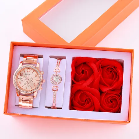 Set Regalo Orologio al Quarzo con Strass e Bracciale da Donna Orologio Analogico in Lega con Rose di Sapone Set di Gioielli
