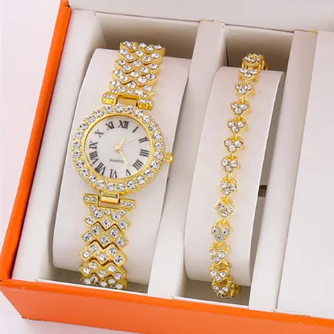 Luxury Women Rhinestone Quartz Watch Set With Matching Bracelet Alloy Metal Roman Numeral Analog Wristwatch Elegant Female Jewelry Gift