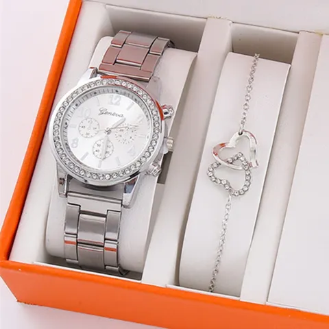 Orologio da Donna in Lega con Strass Orologio da Polso al Quarzo Analogico Set Bracciale Cuore Farfalla Casual Cinturino in Metallo Gioielli Regalo